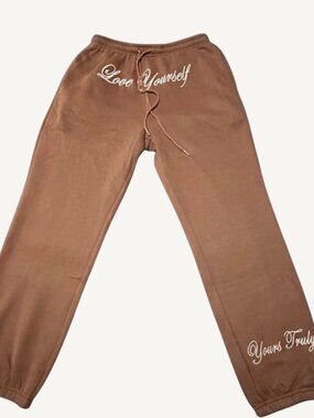 NWT Yours Truly Love Yourself Joggers Brown Script Mens Medium
